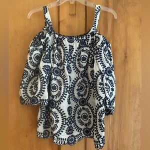 Blue and white embroidered top